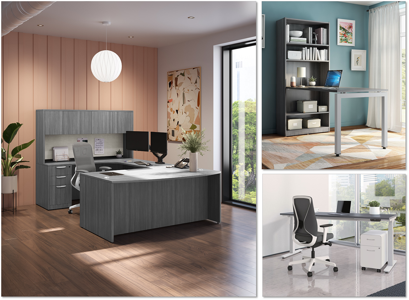 Image of three offices with coastal gray furniture